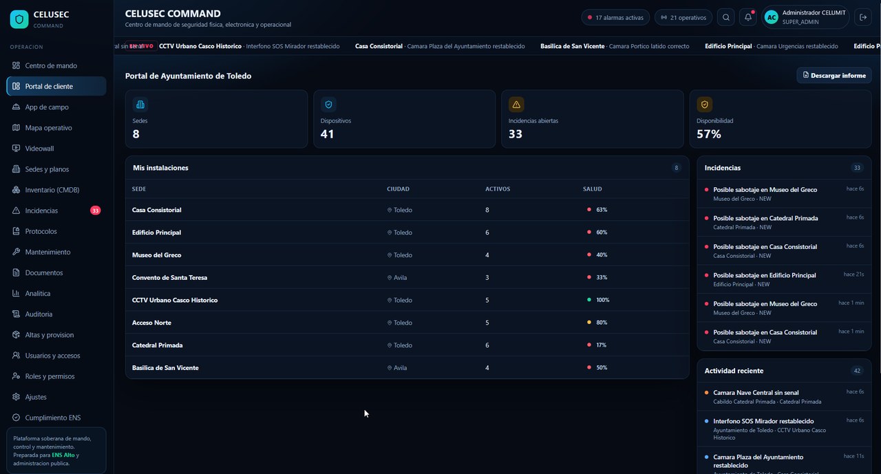 Portal de cliente de XoranOS SEC con sedes, dispositivos, incidencias abiertas y disponibilidad